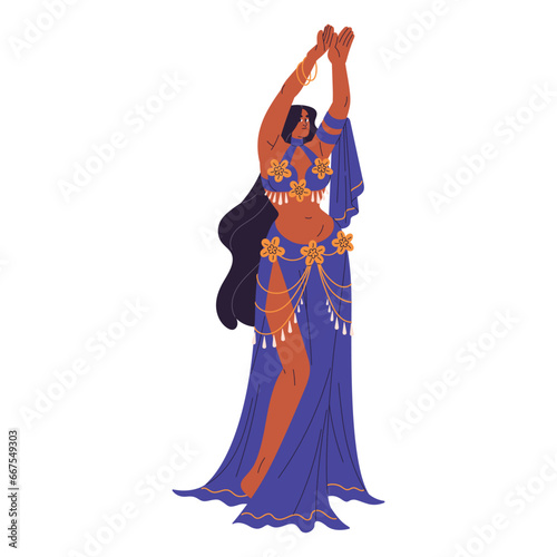Belly dancer in traditional costume, dress with golden jewelry perform. Performer dancing oriental, turkish, egyptian dance. Woman moves to arabian music. Flat isolated vector illustration on white