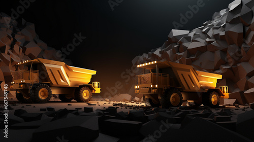 3d minimalist mining site with Coal Dump mining Trucks and copy space photo
