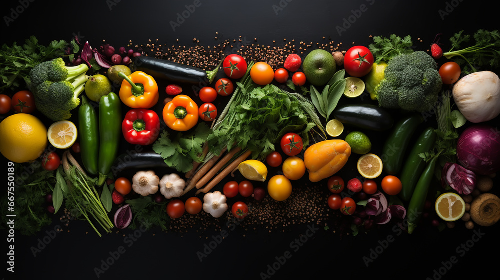 Frame of organic food. Fresh raw vegetables . On a black chalkboard.
