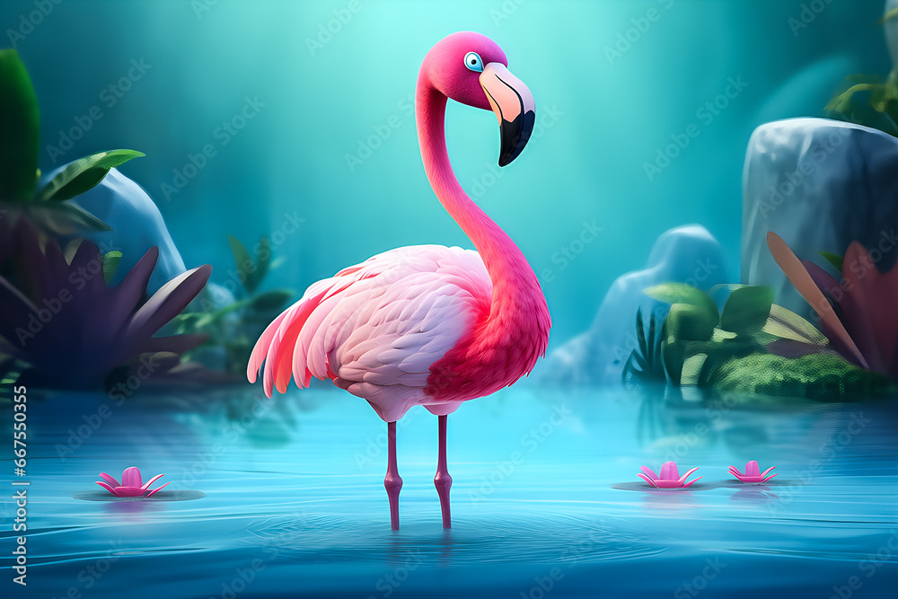 Naklejka premium funny pink flamingo character on natural background, generative ai