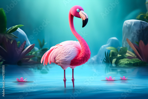 funny pink flamingo character on natural background  generative ai