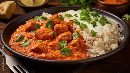 bowl of tasty rice, chicken and vegetables on dark background