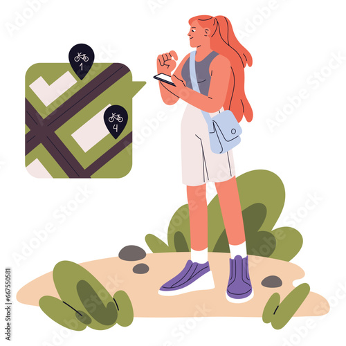 Young woman rent bike. Girl use bicycle rental service. Person search point of location on map. People booking urban eco transport by smartphone. Flat isolated vector illustration on white background