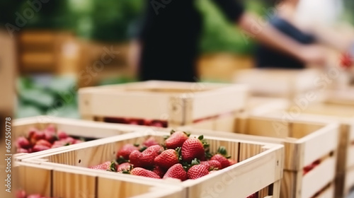   ripe strawberries arranged on thin wooden box  showcased at a vibrant street food market  capturing the essence of summer and providing a tempting treat.