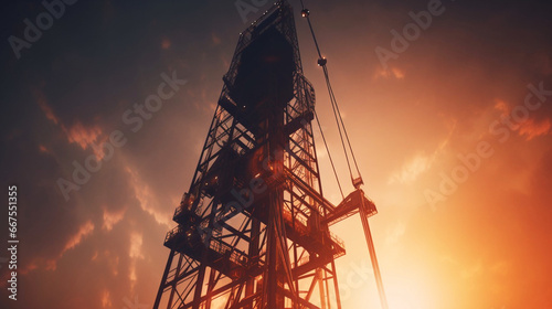 Petroleum concept. Oil pump rig. Oil and gas production. Oilfield site. Pump Jack are running. Drilling derricks for fossil fuels output and crude oil production. Global crisis. War on oil prices. photo