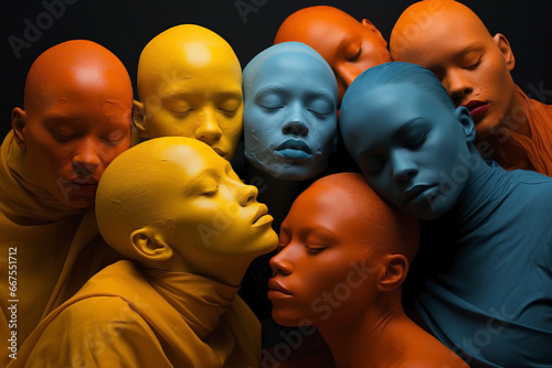 Palette of hidden identities: Meeting of painted women\'s faces and shaved heads of Afro-descendants. Concept of protest and unity celebrating Individuality and cultural heritage.