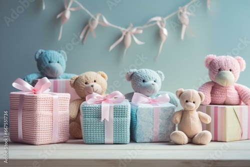 A lineup of delicate pink and blue presents adorned for a joyous celebration of a baby. Generative AI