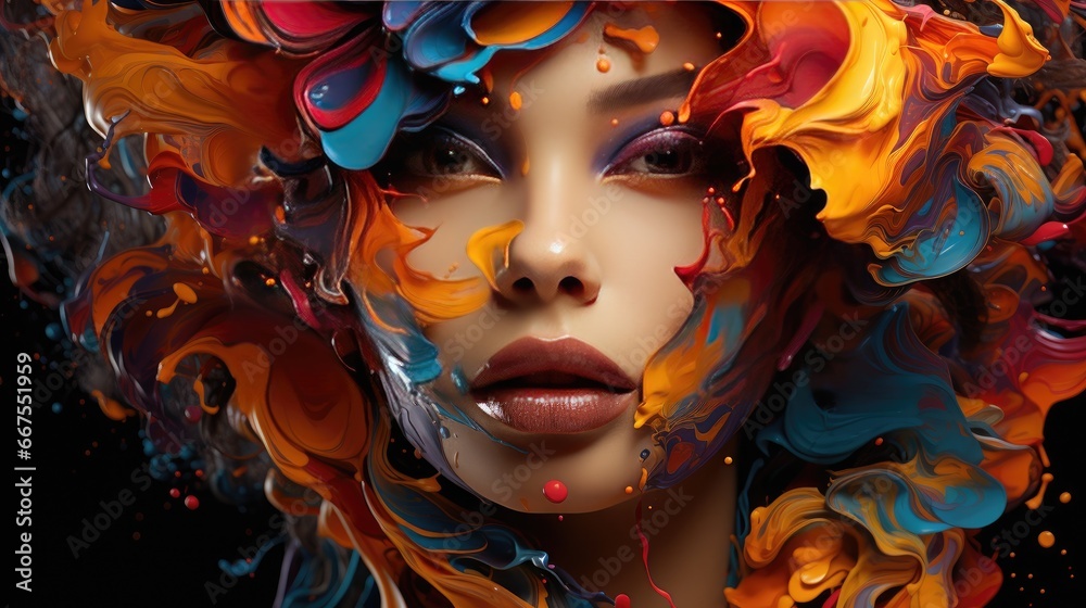 Ethereal Fusion of Fluid Colors with Intense Female Portrait