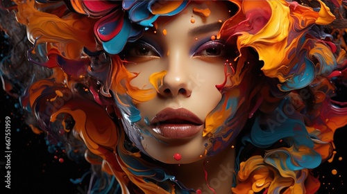 Ethereal Fusion of Fluid Colors with Intense Female Portrait