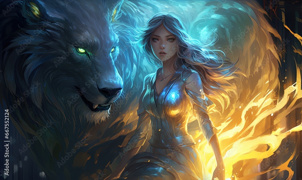 illustration of big giant white wolf with a girl, spiritual animal, Generative Ai