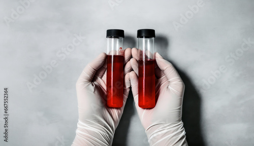 Hands of a forensic examiner with blood samples collected at a crime scene. Generative Ai. Two blood test tubes with in the hands for analysis, gray background. Copy space.  photo