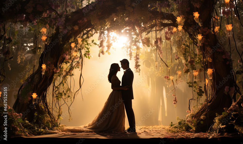 couple lover bride and groom walking under flower arch in magical secret garden, Generative Ai