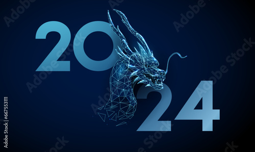 Abstract blue head of dragon and number 2024. Animal Chinese symbol of the year. Low poly style.