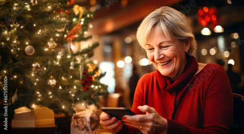 Senior woman chatting on mobile phone and smiling in cozy interior during Christmas holidays with tree lights bokeh in the background and copy space. Concept of Christmas greetings through technology