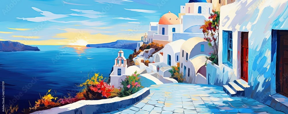 Fototapeta premium painting style illustration, beautiful passage way along the clifftop village town, Generative Ai