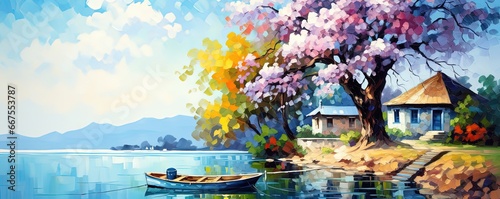 painting style illustration, small house at lakeside with flower blossom tree, Generative Ai photo