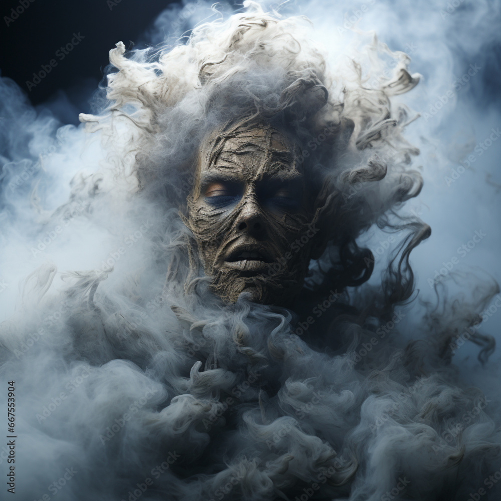 Surreale Magie: Monstergesicht und Rauch in Nahaufnahme