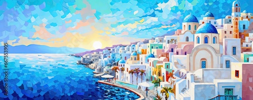 painting style illustration, coastal town with sunset scenery blue water gradient sky, Generative Ai