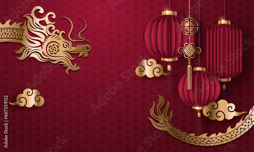 Purple relief Chinese dragon spiral cloud and traditional lantern