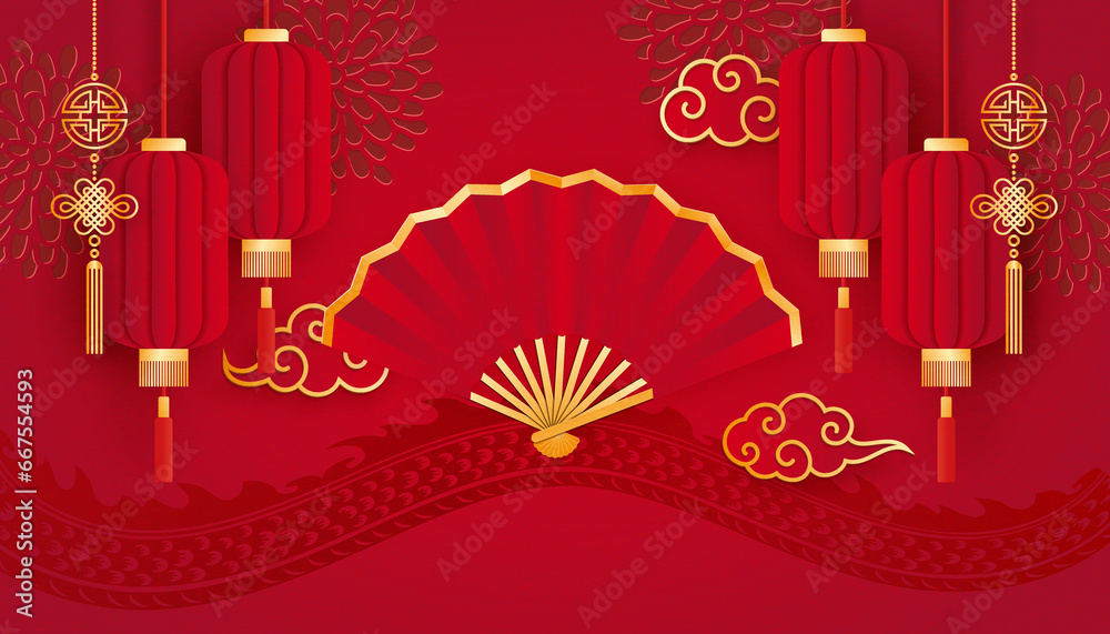 Golden red relief traditional lantern folding fan and spiral cloud