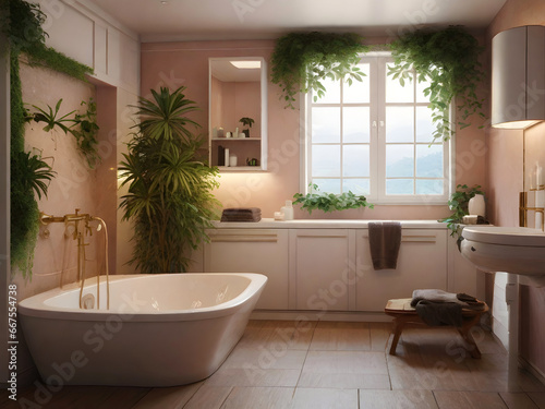 Interior of cozy bathroom with greenery  beautiful countryhouse bathroom in beige tones decorated with houseplants