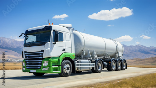 Logistic hydrogen tank on semi trailer truck out for deliver. Truck transporting gas or green hydrogen. 
 photo