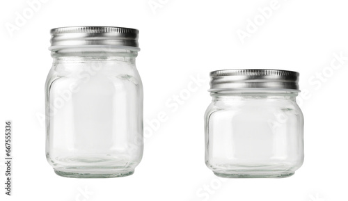 Empty set of two glass jars with silver lid isolated on white.