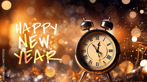 Happy New Year 2024 Poster Template with Wecker and Bokeh Background. 