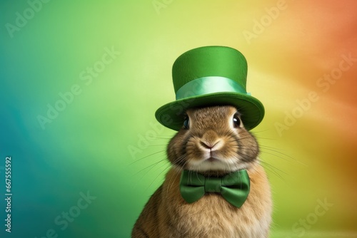 Adorable rabbit donning a green cap for St. Patrick's celebration. Generative AI.