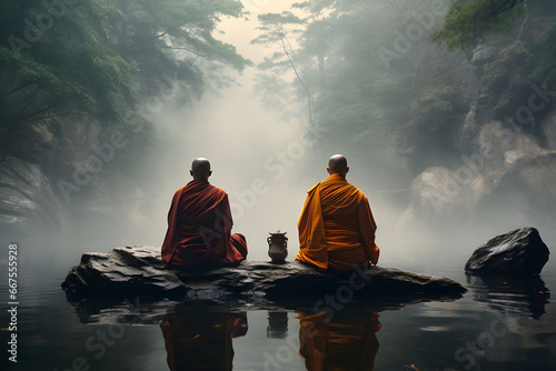 The 2 monks, Buddhist,  on pilgrimage in the forest photo