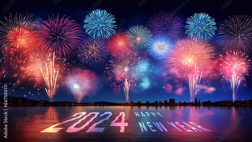 Happy New Year 2024 Poster Template with Colorful Fireworks Background