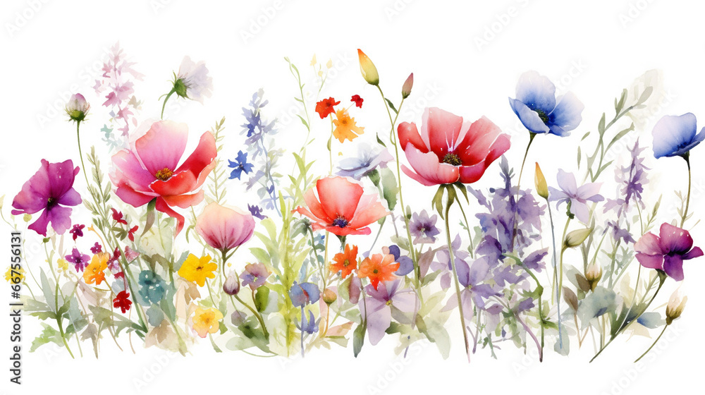 colorful meadow flowers watercolor painting on white background. delightful floral decoration