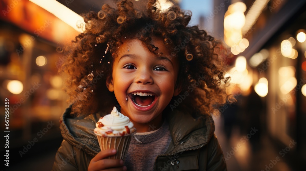 Happy Child with Ice Cream on City Evening