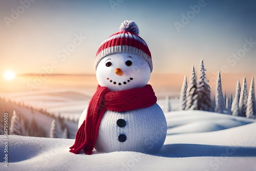 Little cute snowman in a knitted hat and scarf on snow on a sunny winter day. Generative AI © Royalty-Free