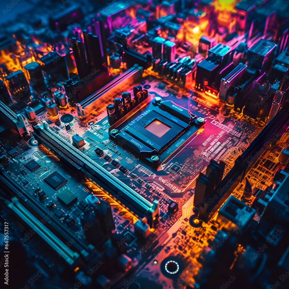 Electronic circuit board close-up with microchips and electronic components