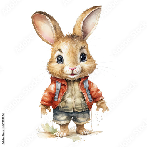 Watercolor little character rabbit isolated on transparent background clip art