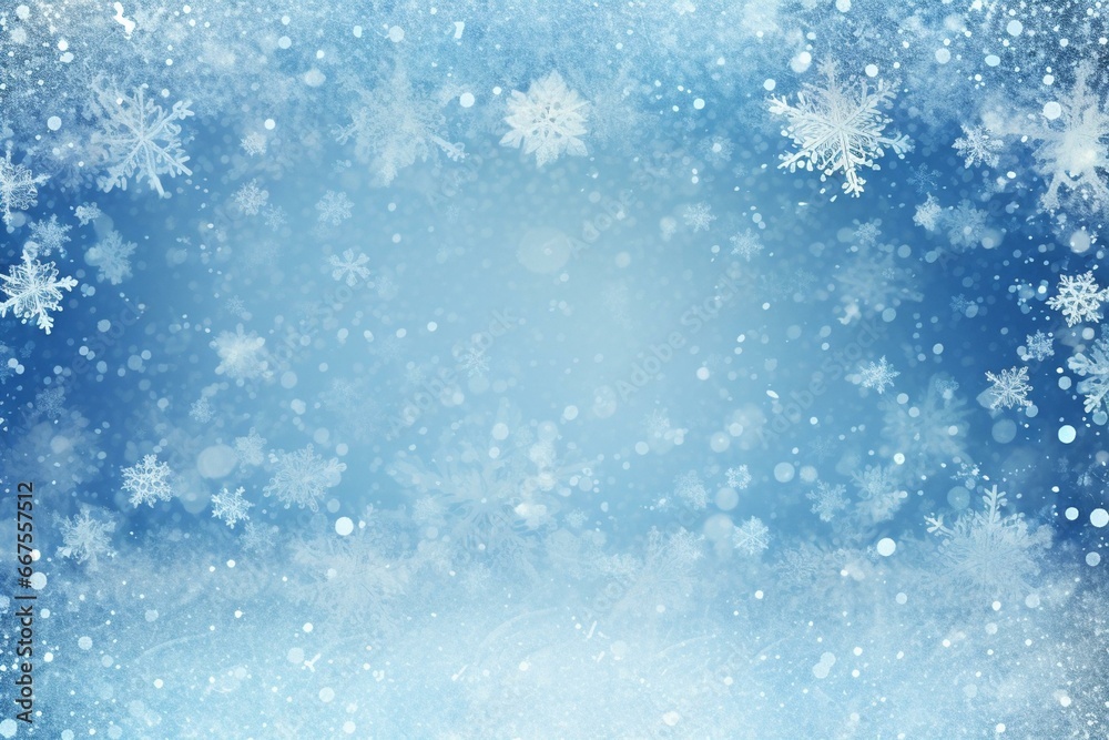 Festive snowy backdrop with stunning frosty snowflakes and empty area for text. Generative AI