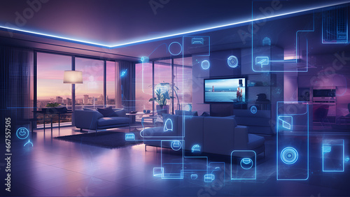 Concept Interior illustration of smart home with artificial intelligence concept. Future of home living  Generative AI 