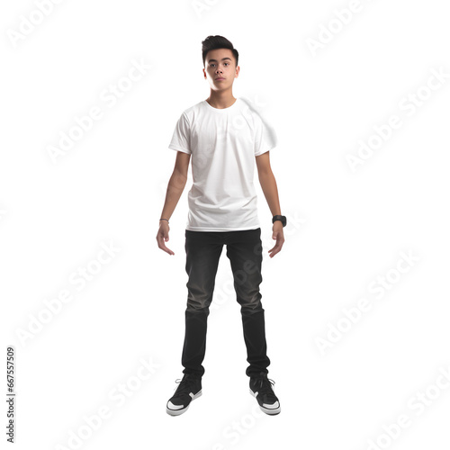 CAMERA ANGLE FROM A SHORT DISTANCE. A MALAY TEENAGE MALE WEARING AN EMPTY BLACK SHIRT WITH A ROUND NECK. LEVIS JEANS. WHITE CONVERSE SHOES. WEARING A GOLD COLORED WATCH on a transparent background