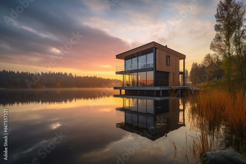 Stunning modern wooden house in serene lakeside backdrop during dawn. Generative AI © Michael
