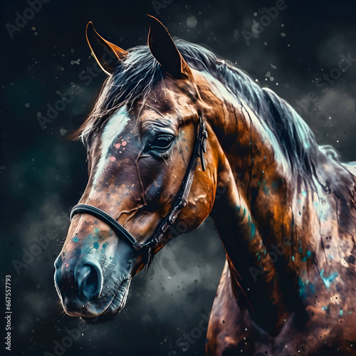 Portrait of a bay horse on a background of dark sky. © Wazir Design