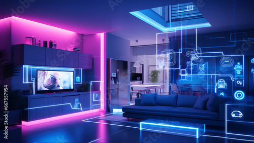 Concept Interior illustration of smart home with artificial intelligence concept. Future of home living, Generative AI  © adnananwargfx