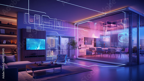 Concept Interior illustration of smart home with artificial intelligence concept. Future of home living, Generative AI 