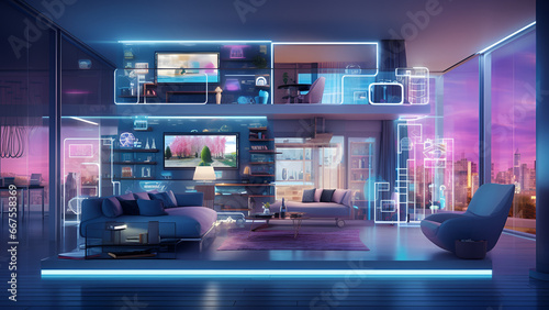 Concept Interior illustration of smart home with artificial intelligence concept. Future of home living  Generative AI 