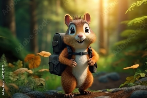 3D rendering of a cute squirrel cartoon image wearing a backpack and holding a compass