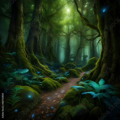 Mystical Forest: A lush, enchanted forest with towering trees, bioluminescent plants, and curious woodland creatures. © Nadia