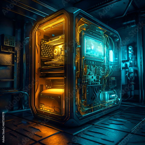 3d rendering of a futuristic safe in a dark room with neon lights