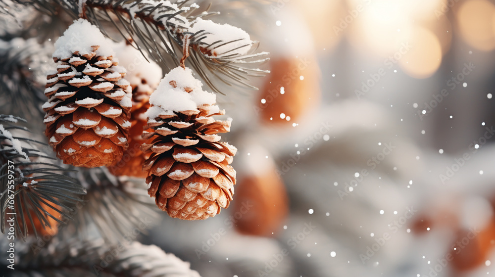 Obraz premium Fir Branch With Pine Cone And Snow Flakes - Christmas Holidays Background