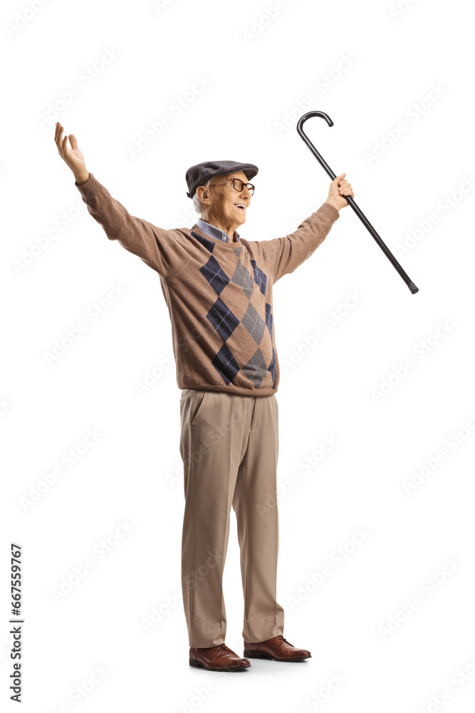 Excited senior man holding a walking cane and waiting with arms wide open Excited senior man holding a walking cane and waiting with arms wide open