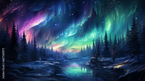 Christmas tree decoration in winter forest with northern lights in the night sky